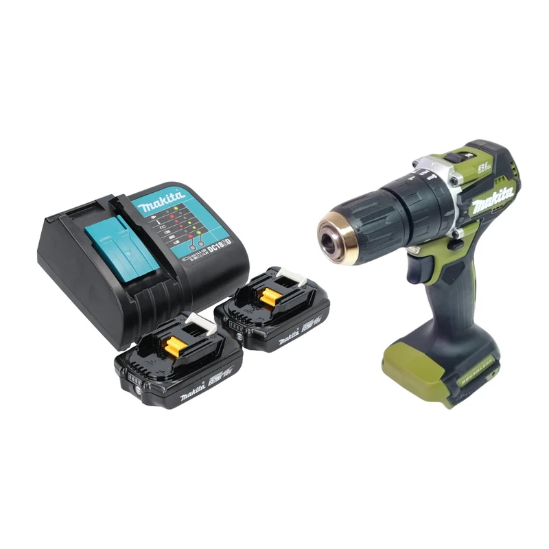 Makita DHP 487 SAO Akku Schlagbohrschrauber 18 V 40 Nm Brushless Olive Outdoor Adventure Serie + 2x Akku 2,0 Ah + Ladegerät