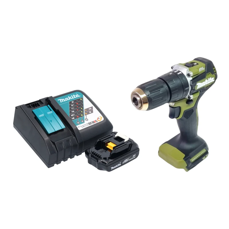 Makita DHP 487 RY1O Akku Schlagbohrschrauber 18 V 40 Nm Brushless Olive Outdoor Adventure Serie + 1x Akku 1,5 Ah + Ladegerät