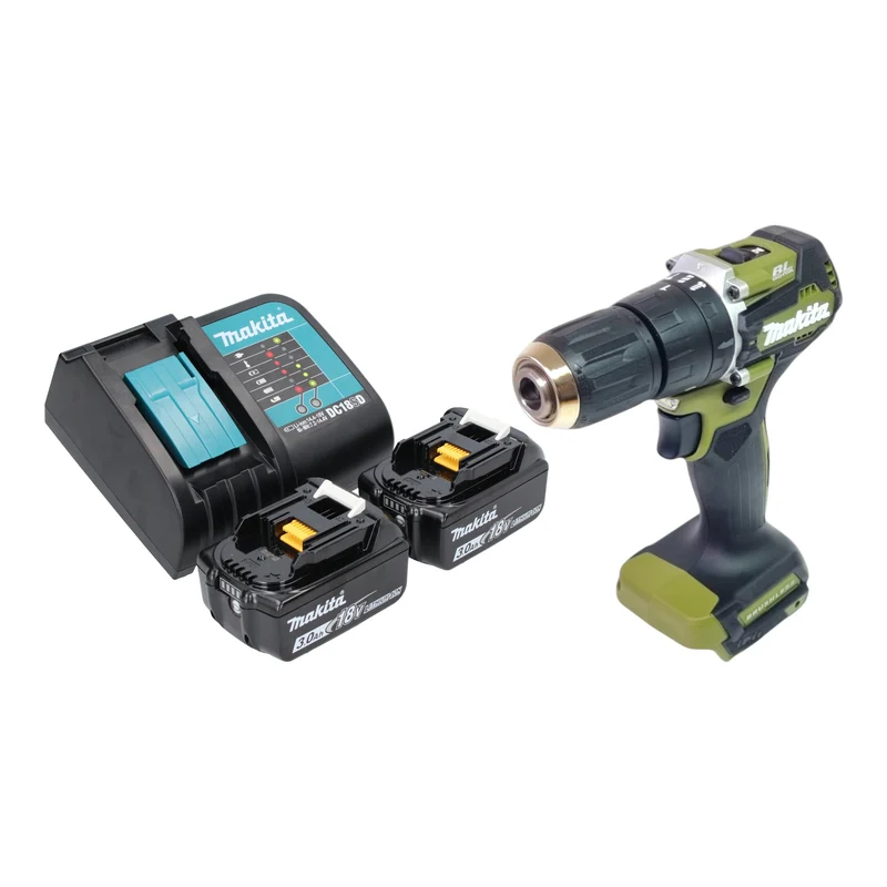 Makita DHP 487 SFO Akku Schlagbohrschrauber 18 V 40 Nm Brushless Olive Outdoor Adventure Serie + 2x Akku 3,0 Ah + Ladegerät