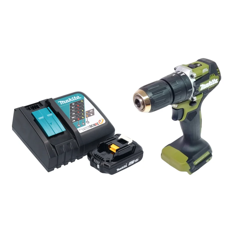 Makita DHP 487 RA1O Akku Schlagbohrschrauber 18 V 40 Nm Brushless Olive Outdoor Adventure Serie + 1x Akku 2,0 Ah + Ladegerät
