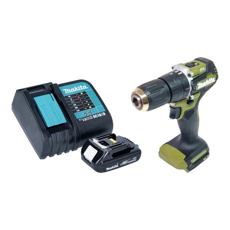Makita DHP 487 SY1O Akku Schlagbohrschrauber 18 V 40 Nm Brushless Olive Outdoor Adventure Serie + 1x Akku 1,5 Ah + Ladegerät
