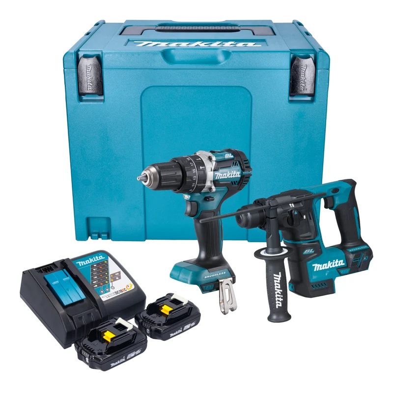 Makita DLX 2278 RAJ Akku Kombo Kit + DHP 484 Schlagbohrschrauber 54 Nm + DHR 171 Bohrhammer 1,2 J + 2x Akku 2,0 Ah + Ladegerät + Makpac