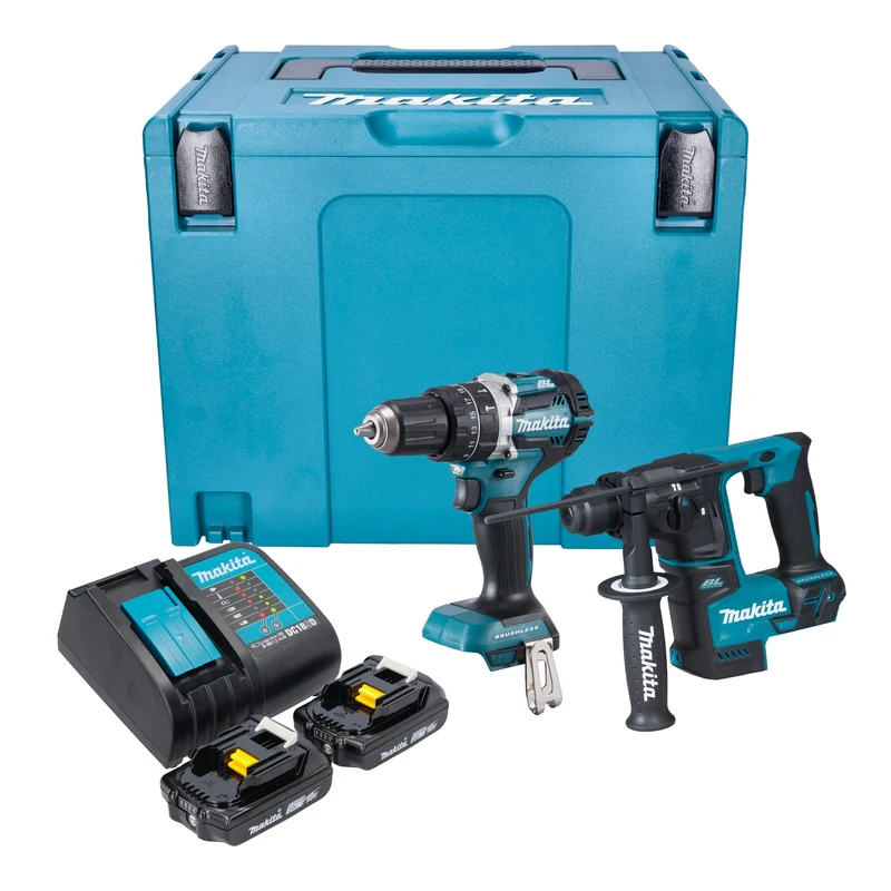Makita DLX 2278 SAJ Akku Kombo Kit + DHP 484 Schlagbohrschrauber 54 Nm + DHR 171 Bohrhammer 1,2 J + 2x Akku 2,0 Ah + Ladegerät + Makpac