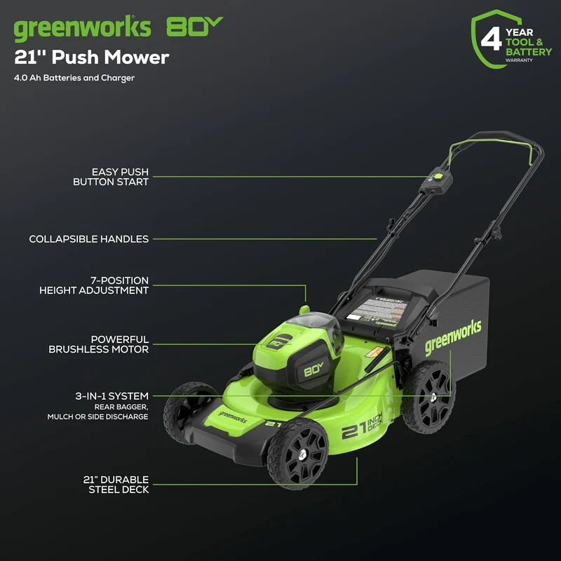 80V 21" Brushless 3-in-1 Push Lawn Mower: 4.0 Ah Battery and Charger, LM2138