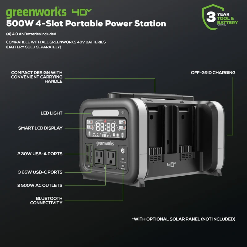 40V 500W 4-Slot Inverter Portable Power Station, (4) 4.0 Ah Batteries and Built-In Charger