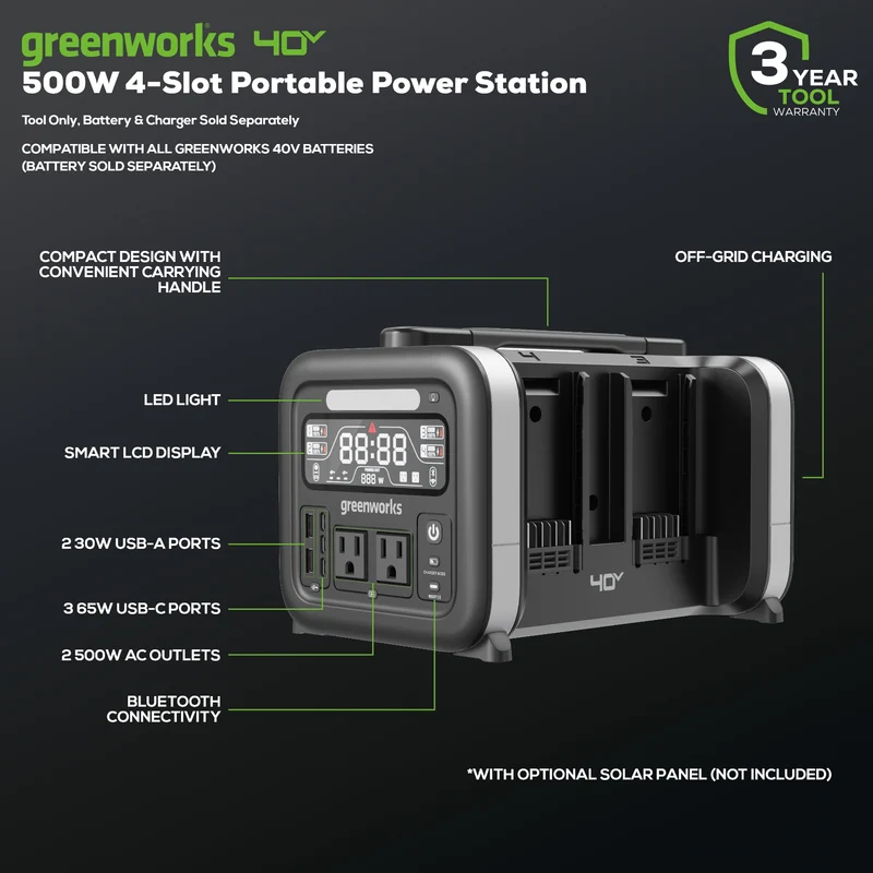 40V 500W 4-Slot Inverter Portable Power Station (Tool Only)