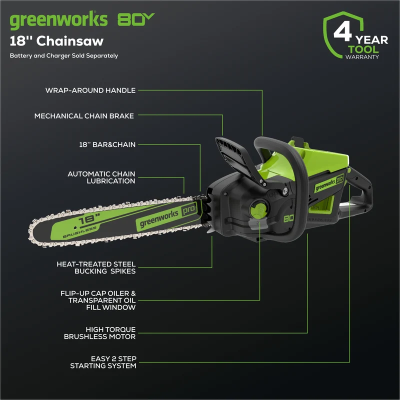 80V 18" Cordless Battery 2.5kW Chainsaw (Tool Only)