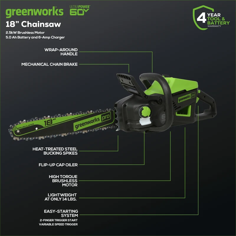 60V 18" Cordless Battery Brushless 2.5kW Chainsaw: 5.0 Ah Battery and Rapid Charger