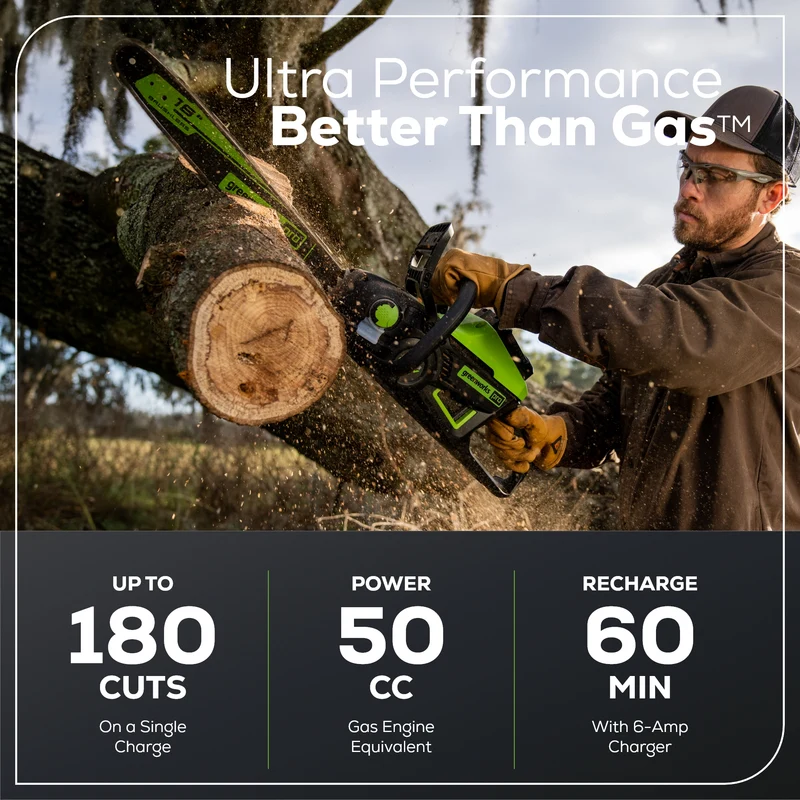 60V 18" Cordless Battery Brushless 2.5kW Chainsaw: 5.0 Ah Battery and Rapid Charger