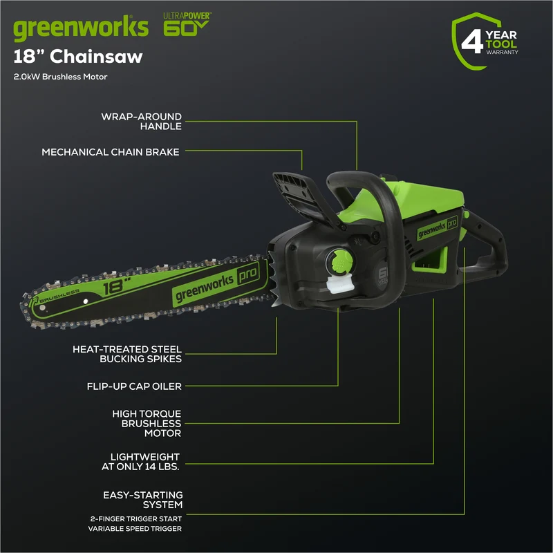 60V 18" Cordless Battery 2.0 kW Chainsaw (Tool Only)