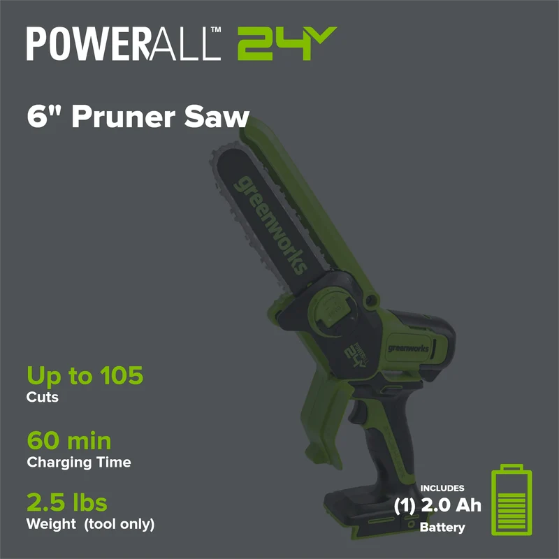 24V 6" Cordless Battery Brushless Pruner Saw: 2.0 Ah Battery and Charger