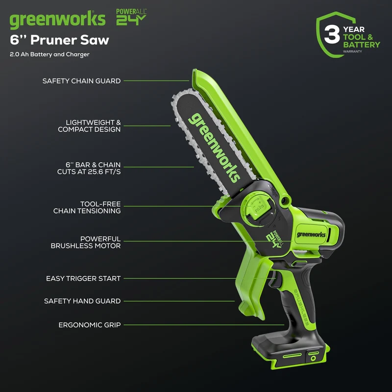 24V 6" Cordless Battery Brushless Pruner Saw: 2.0 Ah Battery and Charger