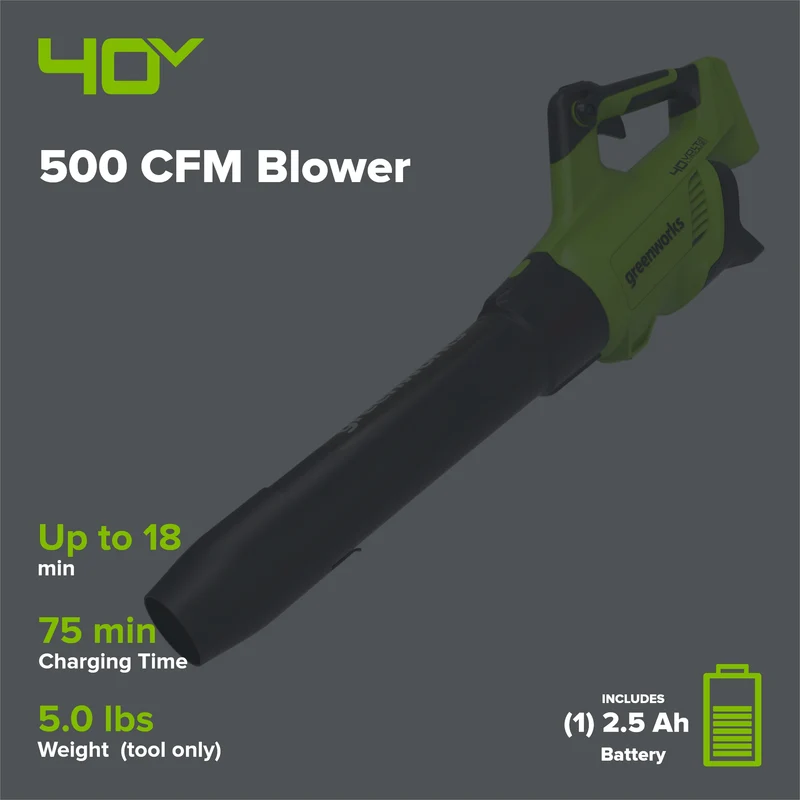 40V 500 CFM Cordless Battery Leaf Blower: 2.5 Ah Battery and Charger