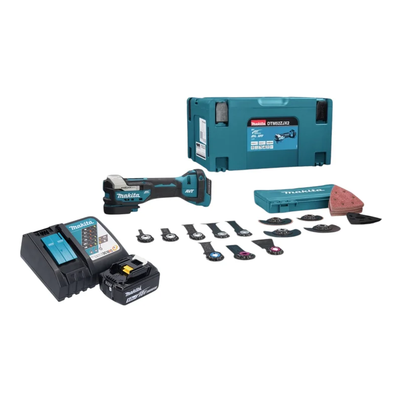 Makita DTM 52 T1JX2 Akku Multifunktionswerkzeug 18 V Starlock Max Brushless + 1x Akku 5,0 Ah + Ladegerät + 43 tlg. Zubehörset + Makpac