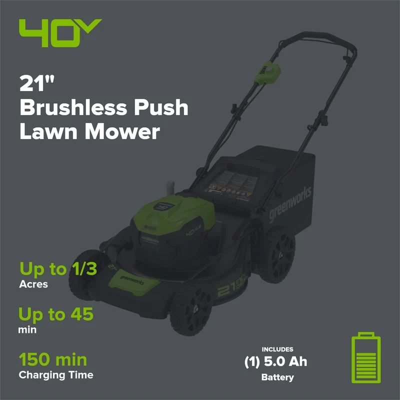 40V 21" Cordless Battery Brushless Push Lawn Mower: 5.0 Ah USB Battery and Charger, LM2104