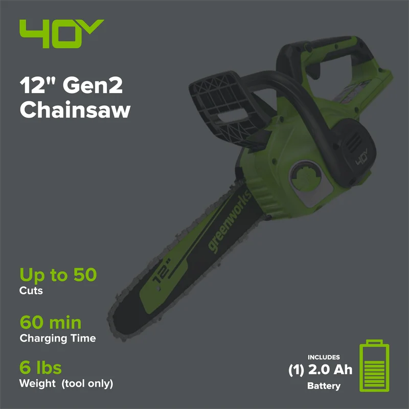 40V 12" Gen2 Cordless Battery Chainsaw: 2.0 Ah Battery and Charger