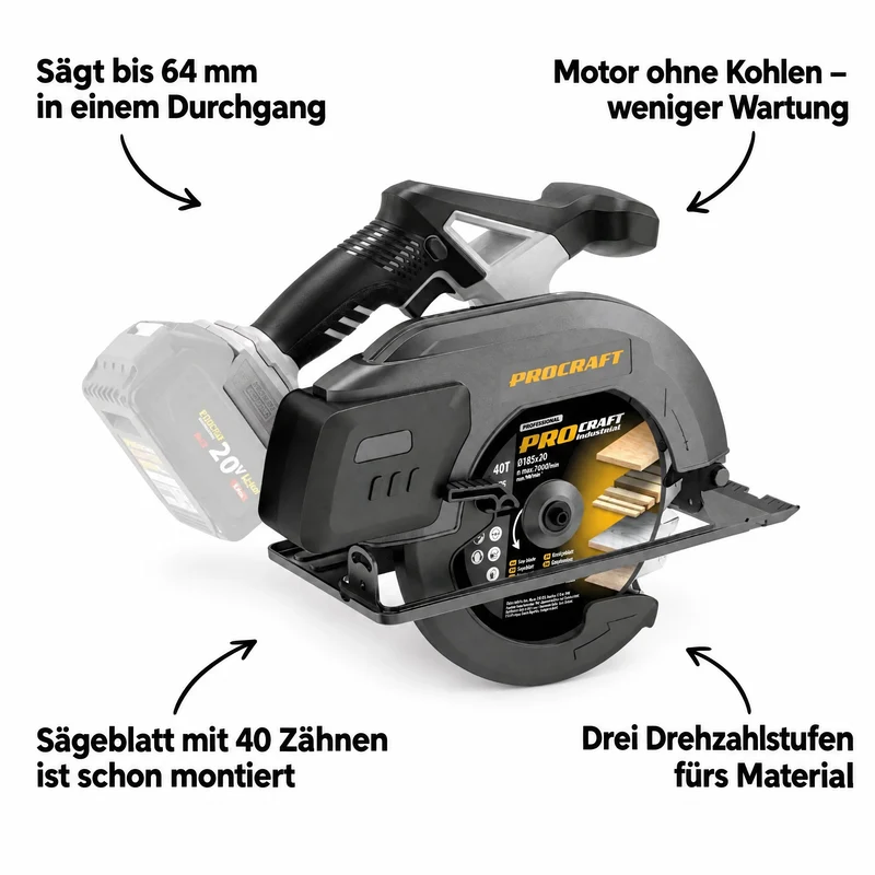 Procraft Industrial CS185A-BB Akku Handkreissäge 20 V 185 mm Brushless Solo - ohne Akku, ohne Ladegerät
