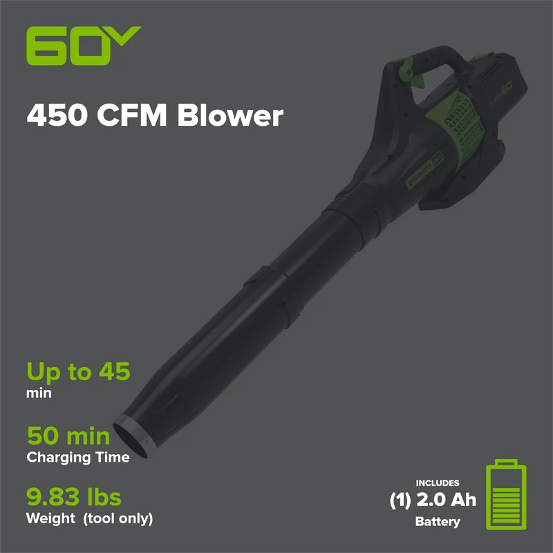 60V 450 CFM Cordless Battery Leaf Blower w/ 2.0Ah Battery & Charger