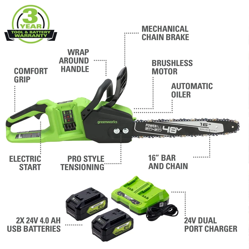 48V (24V x 2) 16" Cordless Battery Chainsaw: (2) 4.0 Ah USB Batteries and Dual-Port Charger