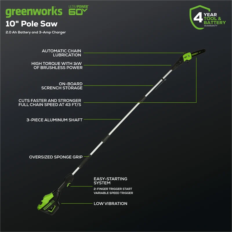 60V 10" Cordless Battery Pole Saw w/ 2.0 Ah Battery & Charger