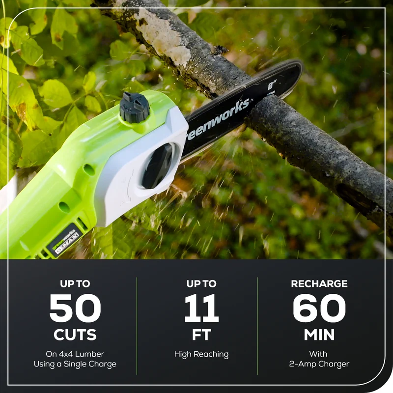 40V 8" Cordless Battery Pole Saw and Hedge Trimmer Attachment: 2.0 Ah Battery and Charger