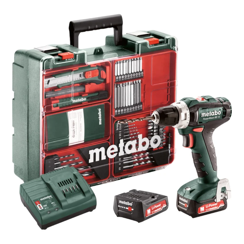 Metabo PowerMaxx BS 12 Set Akku Bohrschrauber 12 V 40 Nm ( 601036870 ) + 2x Akku 2,0 Ah + Ladegerät + Zubehör Set + Koffer