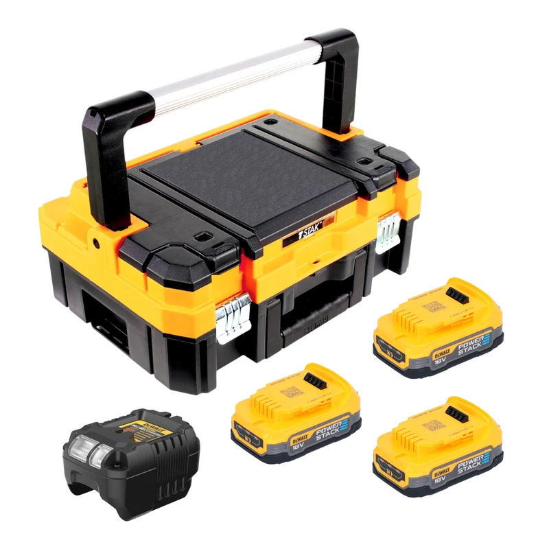 DeWalt DCB 1102 E3T Akku Starter Set 18 V mit 3x Powerstack Akku 1,7 Ah + DCB 1102 Ladegerät + TSTAK