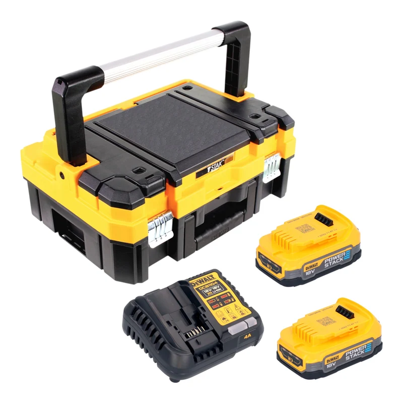 DeWalt DCB 1104 E2T Akku Starter Set 18 V mit 2x Powerstack Akku 1,7 Ah + DCB 1104 Ladegerät + TSTAK