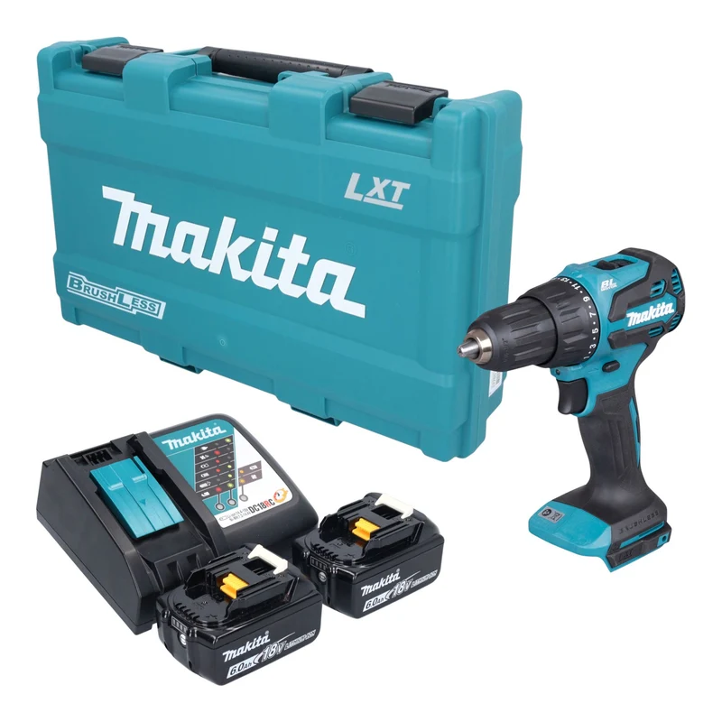 Makita DHP 490 RGK Akku Schlagbohrschrauber 18 V 65 Nm Brushless + 2x Akku 6,0 Ah + Ladegerät + Koffer