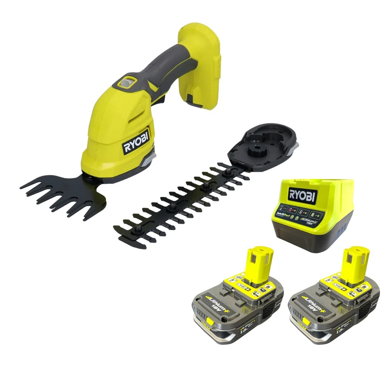 RYOBI RY18GSA-215 18 V ONE+ Akku Gras- u. Strauchschere, Schnittstärke 8 mm + 2x Akku 1,5 Ah + Ladegerät