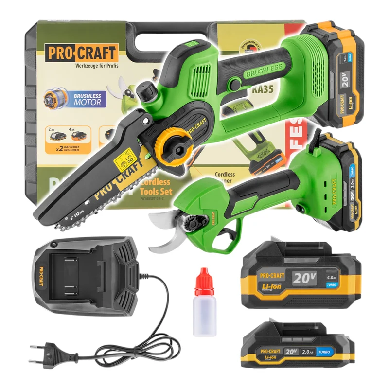 Procraft PA168SET Akku Gartengeräte Set 20 V PKA35Li Akku Mini Kettensäge + ES25Li Akku Astschere + 2x Akku 2,0 / 4,0 Ah + Ladegerät + Koffer