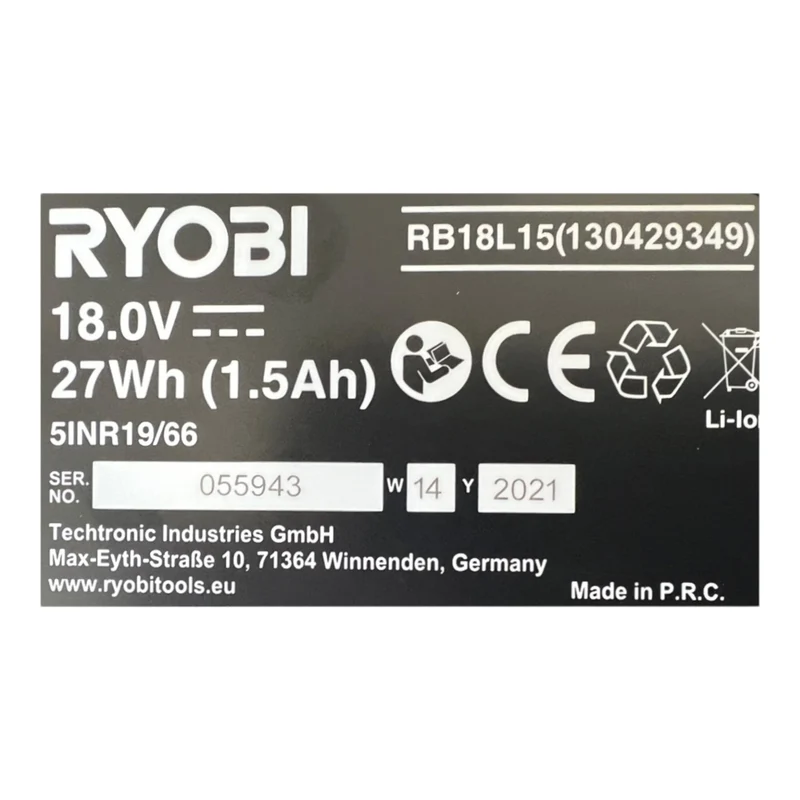 RYOBI RB18L15 Akku 18 V 1,5 Ah / 1500 mAh Li-Ion ONE+ ( 5133001905 ) mit Ladestandanzeige