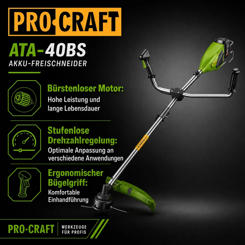 Procraft ATA-40BS Akku Freischneider 40 V 420 mm Brushless + 1x Akku 4,0 Ah + Ladegerät