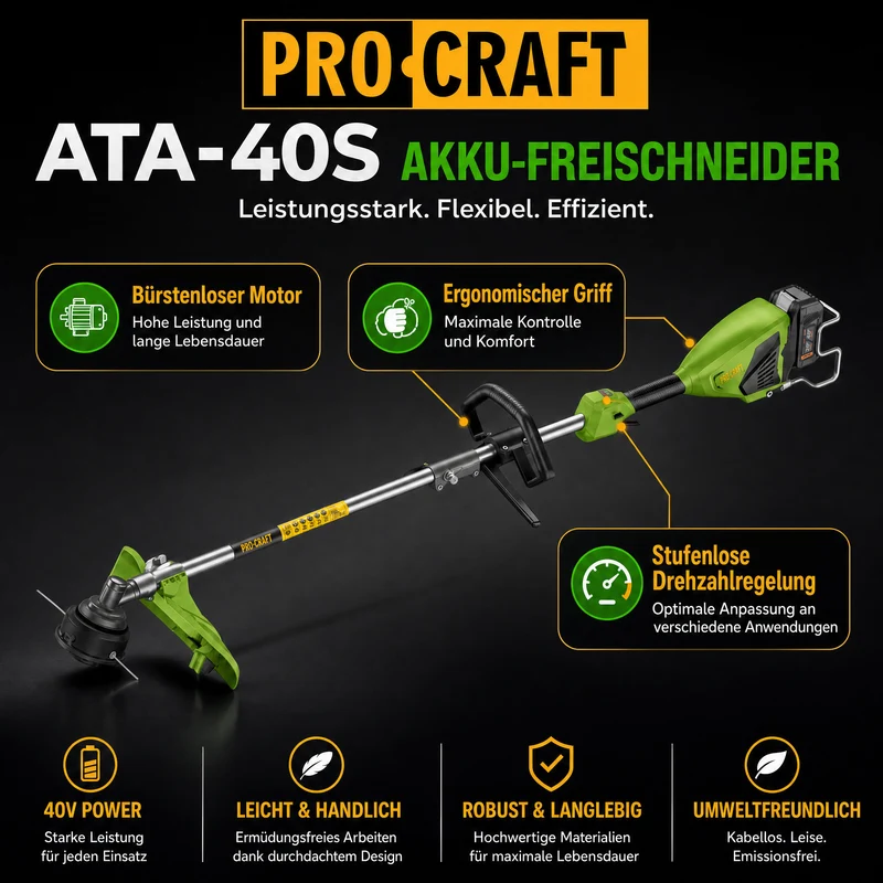 Procraft ATA-40S Akku Freischneider 40 V 420 mm Brushless + 1x Akku 4,0 Ah + Ladegerät