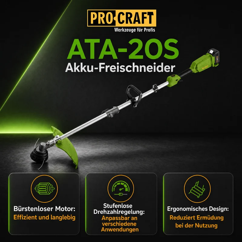 Procraft ATA-20S Akku Freischneider 20 V 420 mm Brushless + 1x Akku 4,0 Ah + Ladegerät
