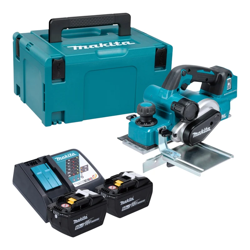 Makita DKP 181 Z Akku Hobel 18 V 82 mm Brushless + 2x Akku 9,0 Ah + Ladegerät + Makpac