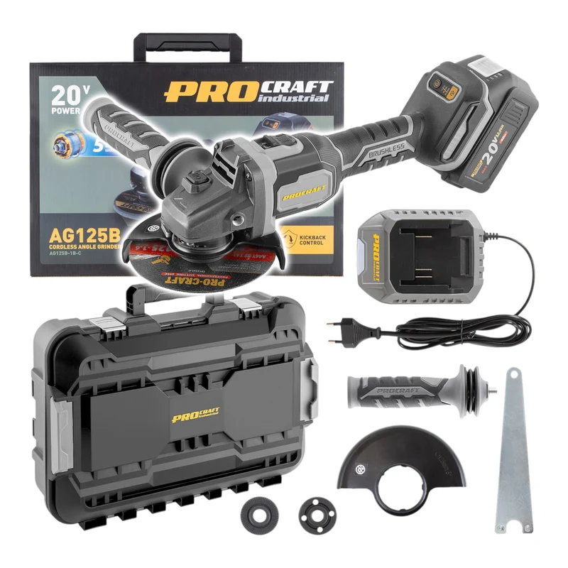 Procraft Industrial AG125B-1B-C Akku Winkelschleifer 20 V 125 mm Brushless + 1x Akku 4,0 Ah + Ladegerät + Koffer