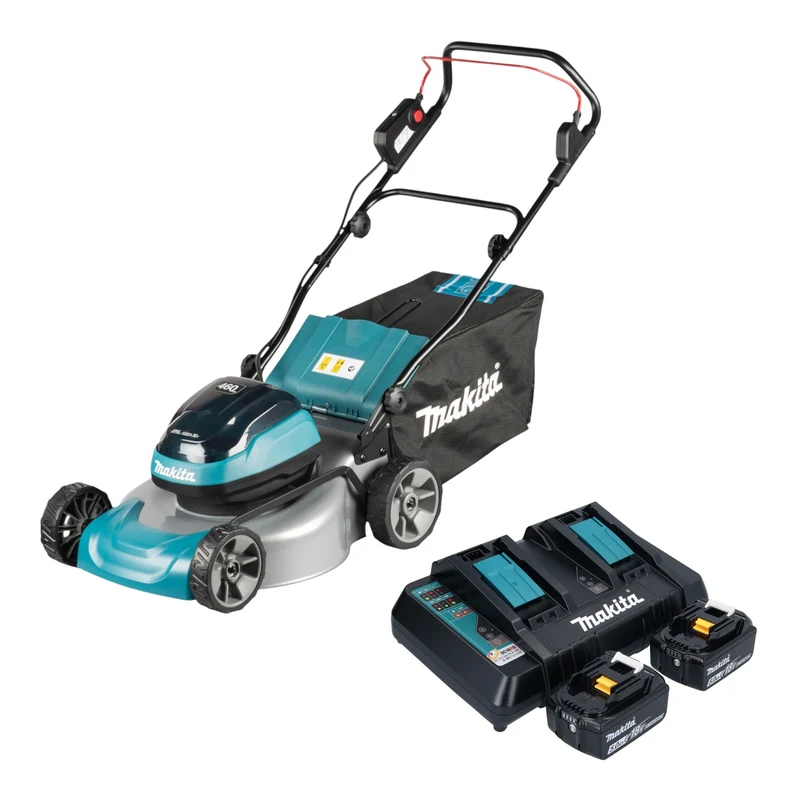 Makita DLM 466 PT2 Akku Rasenmäher 36 V ( 2x 18 V ) 46 cm Brushless + 2x Akku 5,0 Ah + Ladegerät