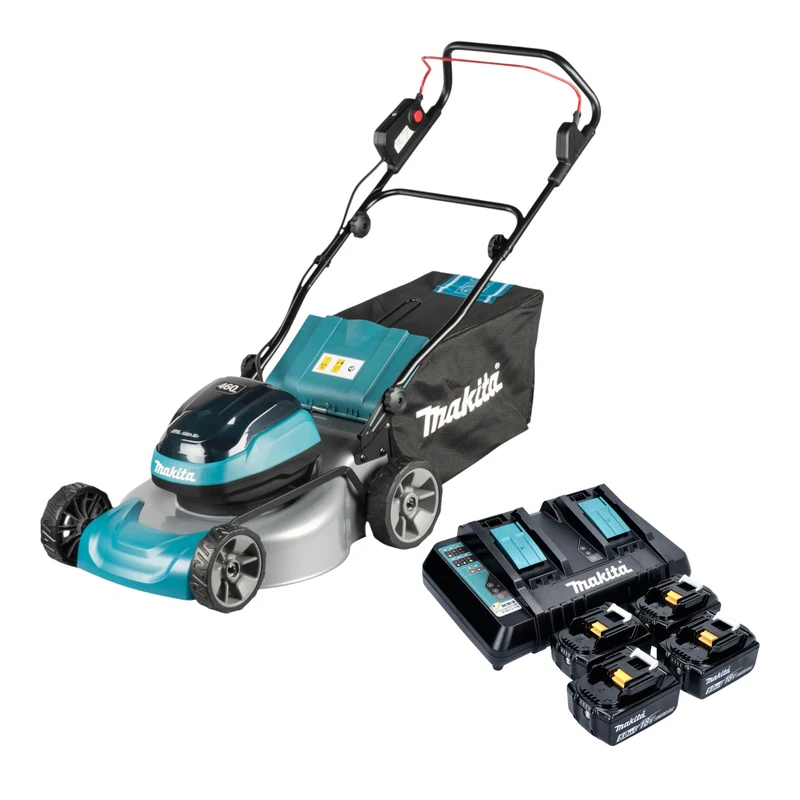 Makita DLM 466 PT4 Akku Rasenmäher 36 V ( 2x 18 V ) 46 cm Brushless + 4x Akku 5,0 Ah + Ladegerät