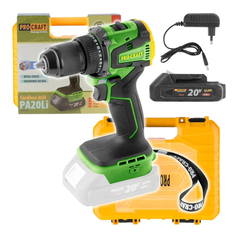 Procraft PA20Li Akku Bohrschrauber 20 V 50 Nm Brushless + 1x Akku 2,0 Ah + Ladegerät + Koffer