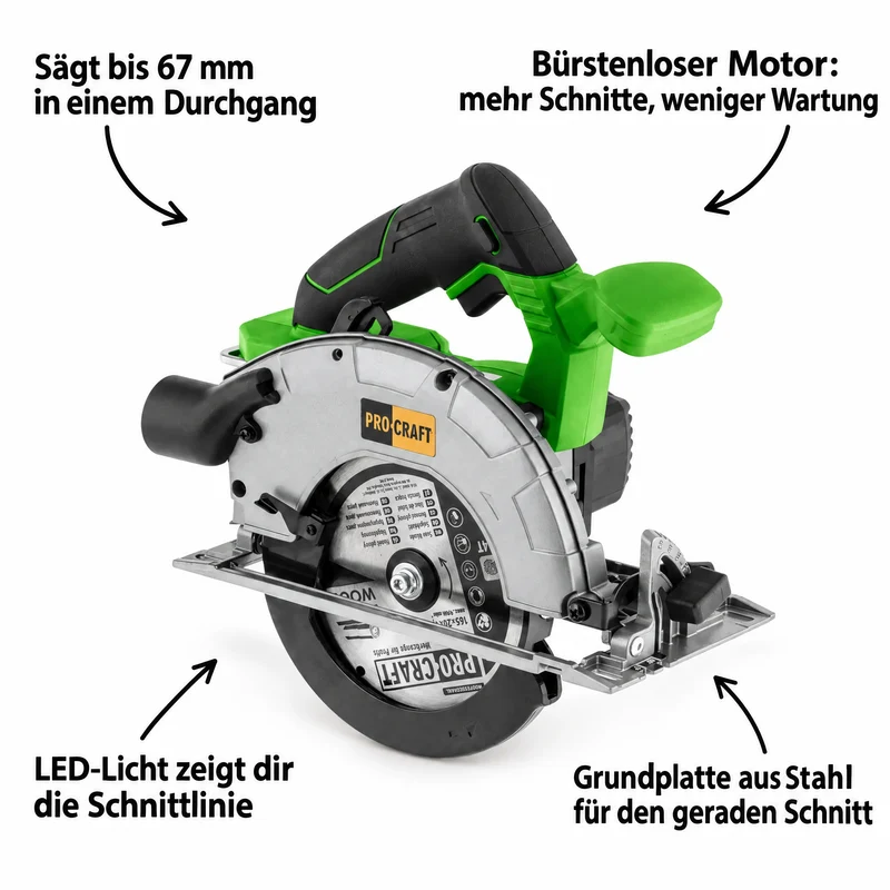 Procraft PCA24bb Akku Handkreissäge 20 V 165 mm Brushless Solo - ohne Akku, ohne Ladegerät