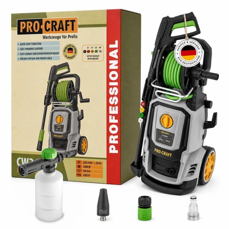 Procraft CW2.0/160 Kaltwasser Hochdruckreiniger 2000 Watt 160 bar 7,5 l/min + Zubehör - Max. Wassertemperatur 40 °C
