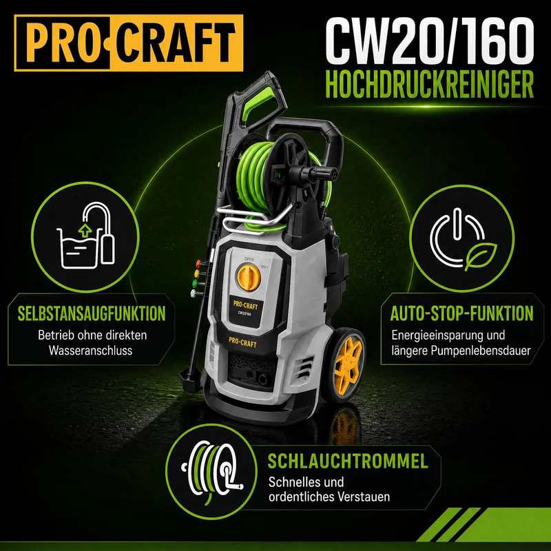 Procraft CW2.0/160 Kaltwasser Hochdruckreiniger 2000 Watt 160 bar 7,5 l/min + Zubehör - Max. Wassertemperatur 40 °C