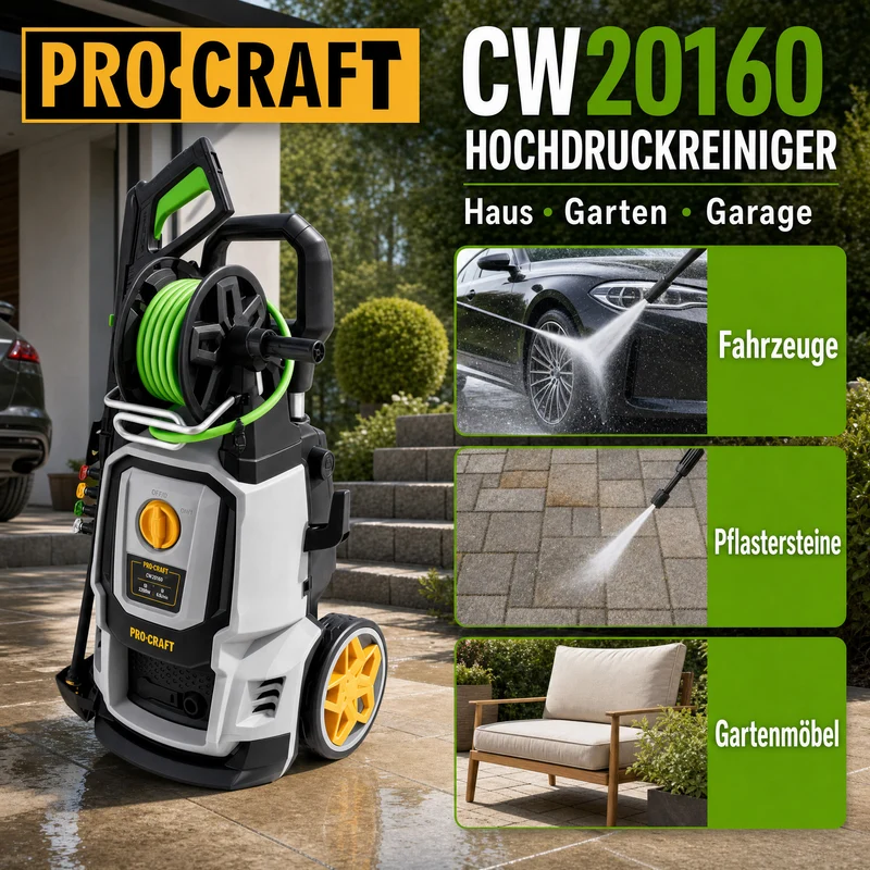 Procraft CW2.0/160 Kaltwasser Hochdruckreiniger 2000 Watt 160 bar 7,5 l/min + Zubehör - Max. Wassertemperatur 40 °C