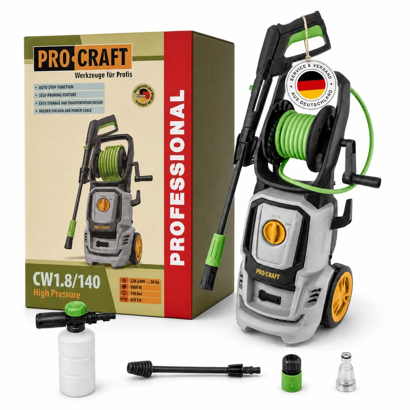 Procraft CW1.8/140 Kaltwasser Hochdruckreiniger 1800 Watt 140 bar 7 l/min + Zubehör - Max. Wassertemperatur: 40 °C