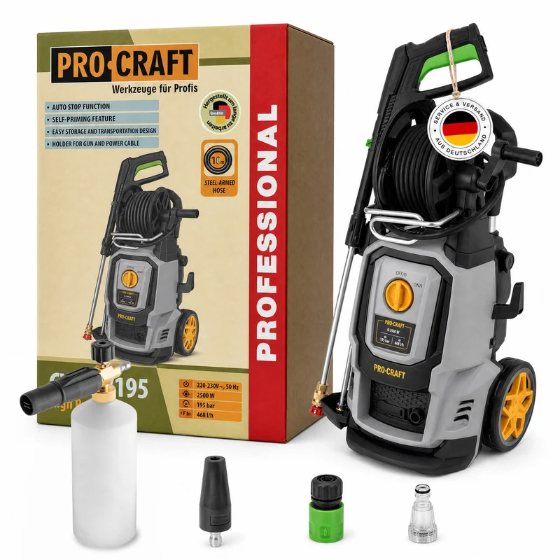 Procraft CW2.5/195 Kaltwasser Hochdruckreiniger 2500 Watt 195 bar 7,8 l/min + Zubehör - Max. Wassertemperatur 40 °C
