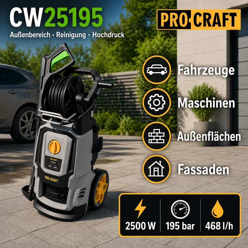 Procraft CW2.5/195 Kaltwasser Hochdruckreiniger 2500 Watt 195 bar 7,8 l/min + Zubehör - Max. Wassertemperatur 40 °C