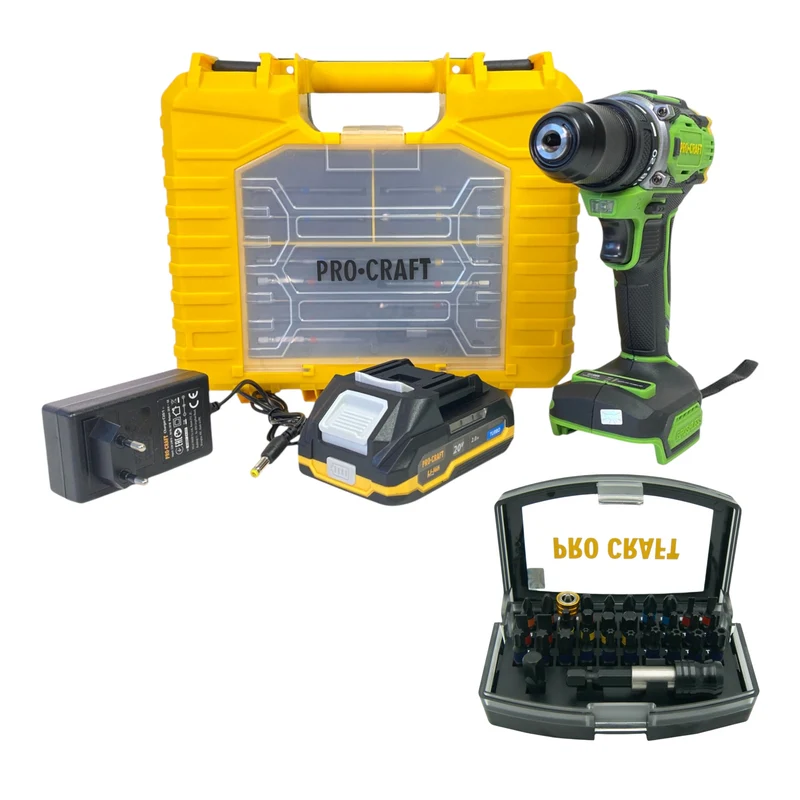 Procraft PA18Pro2-1B-C Akku Bohrschrauber 20 V 30 Nm Brushless + 1x Akku 2,0 Ah + Ladegerät + 32 tlg. Bit Set + Koffer