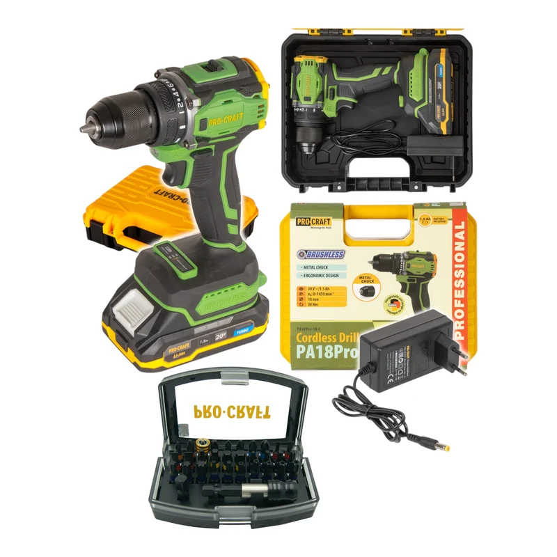 Procraft PA18Pro Akku Bohrschrauber 20 V 30 Nm Brushless + 1x Akku 1,5 Ah + Ladegerät + 32 tlg. Bit Set + Koffer