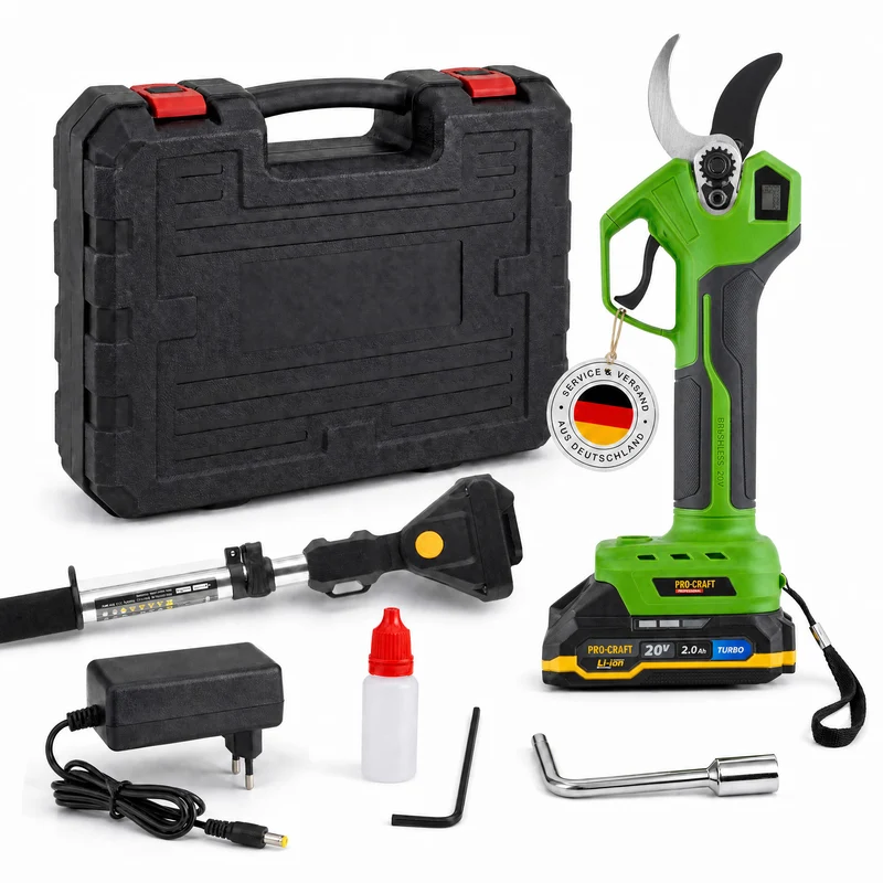 Procraft ES32Li Akku Astschere 20 V Brushless + Teleskop Verlängerung Aufsatz + 1x Akku 2,0 Ah + Ladegerät + Koffer